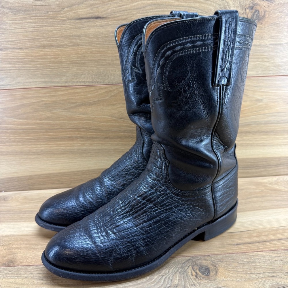 Lucchese Ostrich Quill Leather Boots Mens 9.5 D Black Handmade Western‎